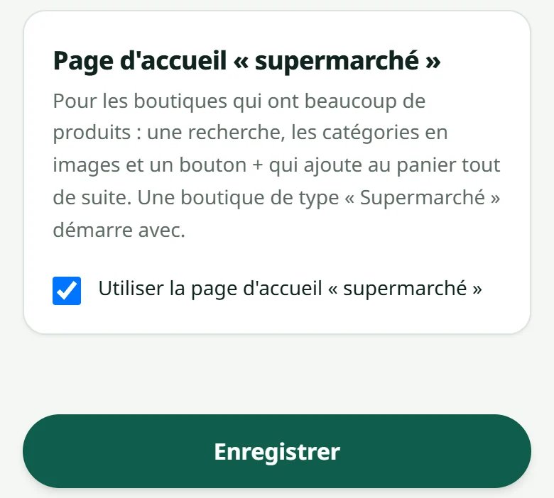 « Paramètres » → « Apparence » : l'encadré de la page d'accueil « supermarché », avec sa case à cocher.