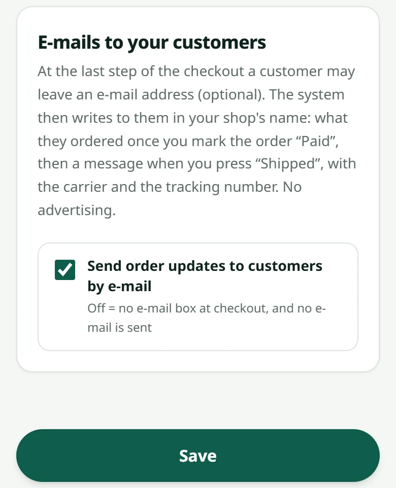 “Settings” → “Notifications”: the “E-mails to your customers” card with the switch “Send order updates to customers by e-mail” — turn it off here.
