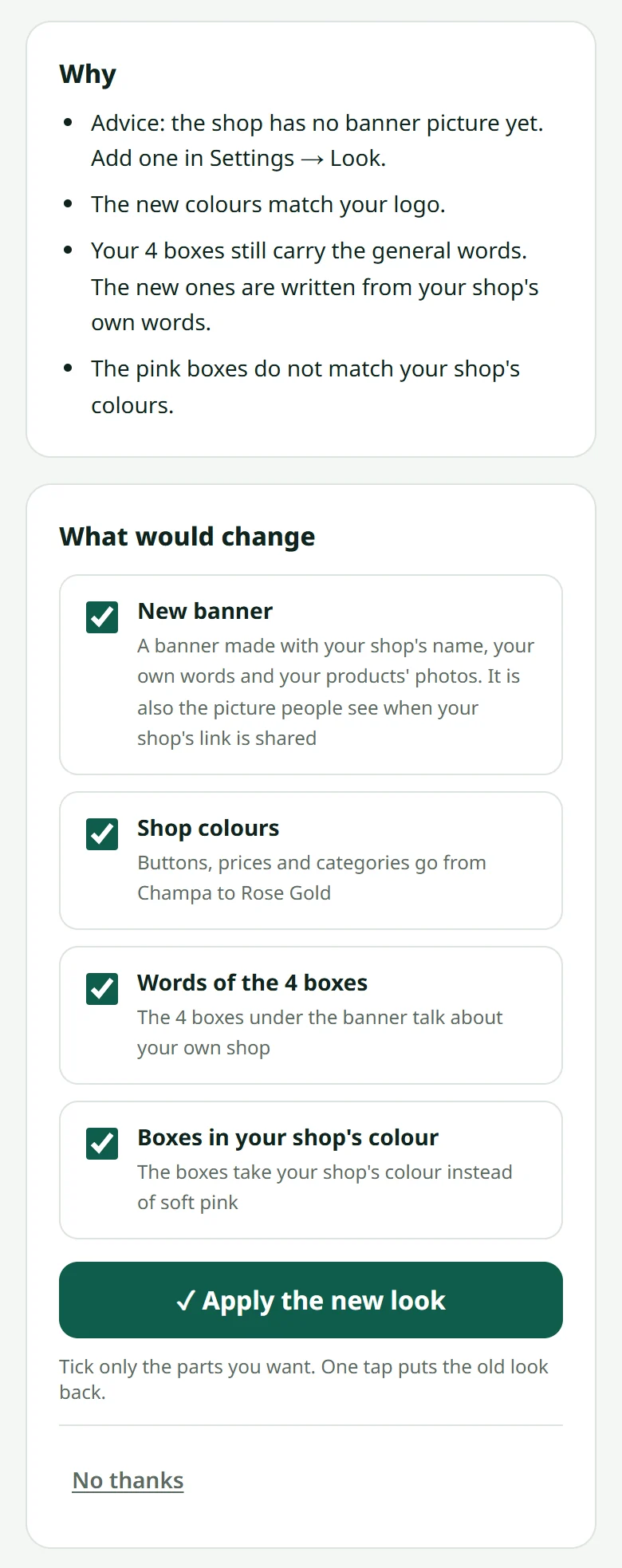 Further down: why it is proposed, the “What would change” list where each part can be ticked or not, and the “Apply the new look” button.