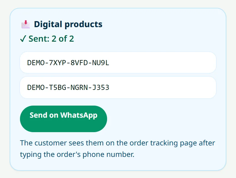 On the order page: the codes given to the customer, and the WhatsApp button.