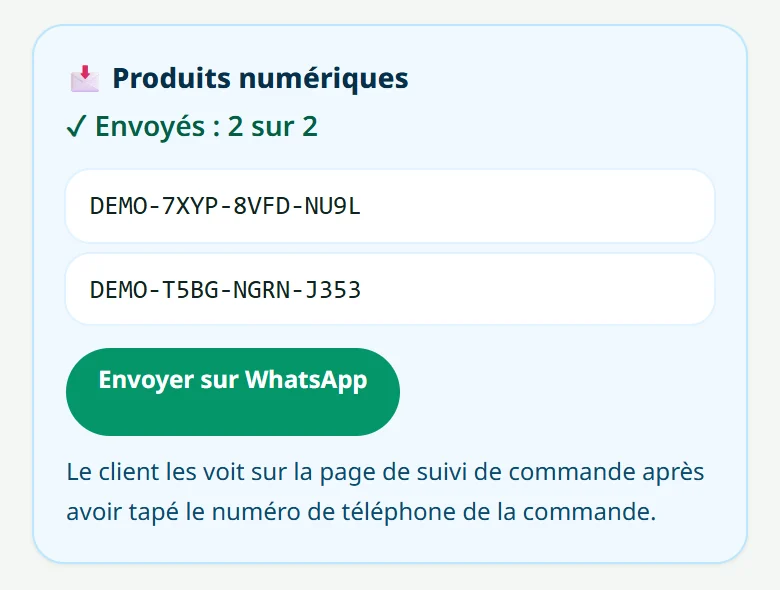 Sur la page de la commande : les codes remis au client, et le bouton WhatsApp.