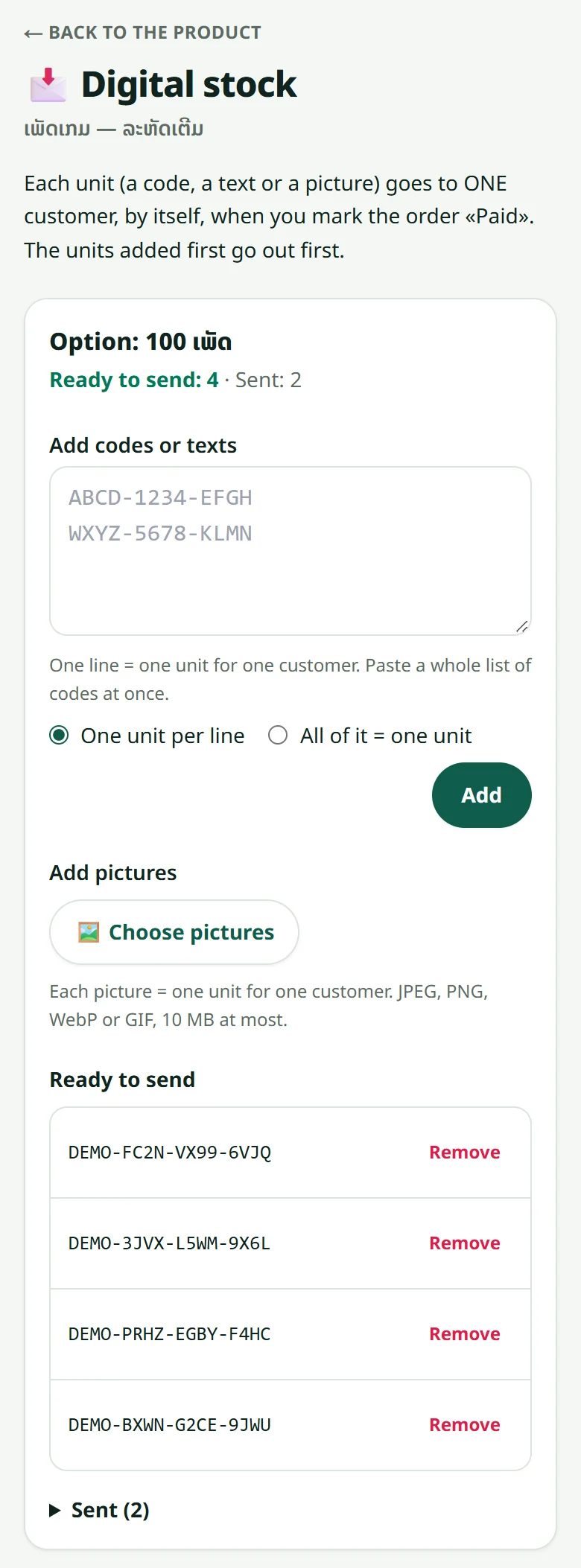 The digital stock page: paste codes (one line = one unit) or choose pictures, for each option. The codes shown are examples.