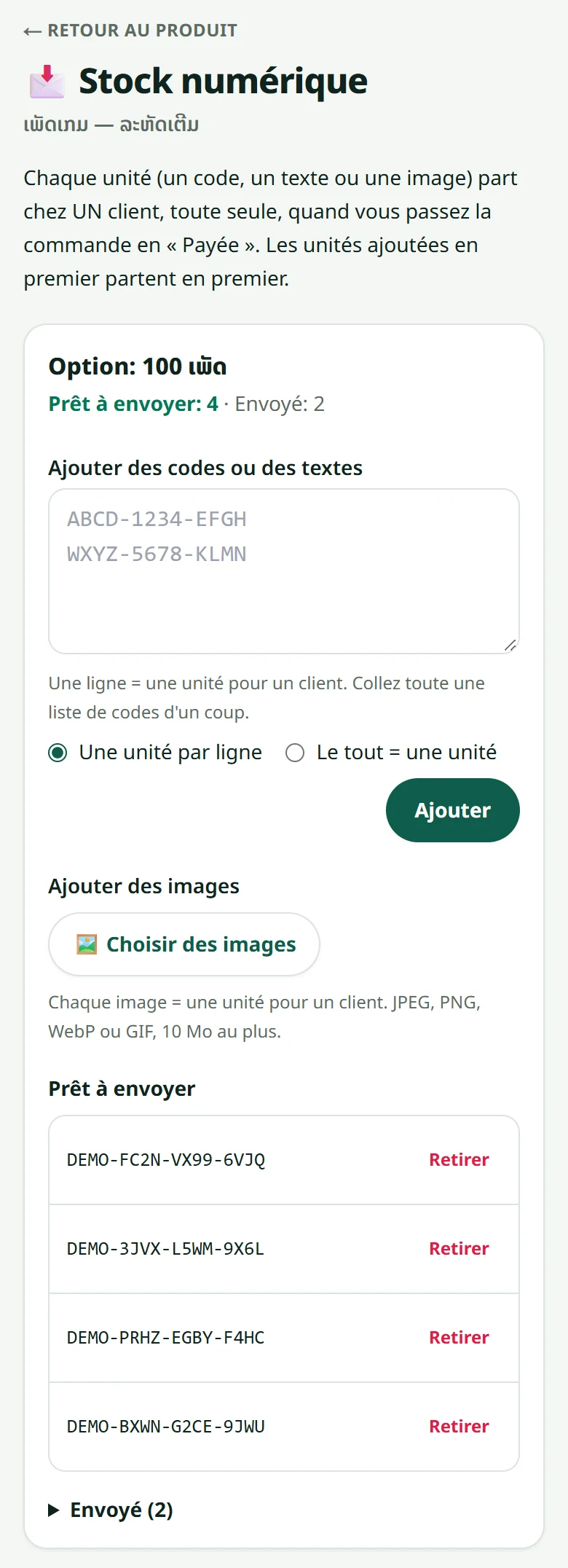 La page du stock numérique : collez des codes (une ligne = une unité) ou choisissez des images, pour chaque option. Les codes montrés sont des exemples.