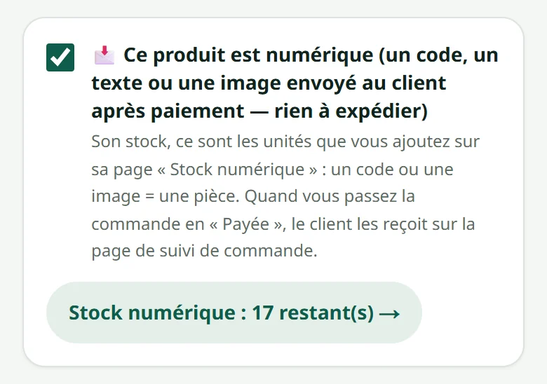 Cochez Produit numérique sur la page du produit. Le bouton dessous ouvre le stock numérique.