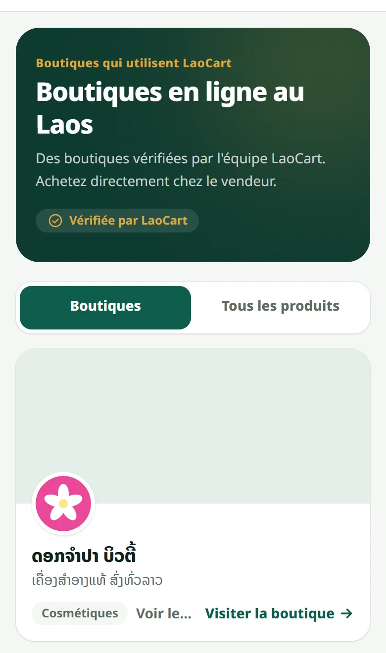 La page « Boutiques en ligne au Laos » sur laocart.com : une carte par boutique, avec sa couverture, son logo, son nom, son type, et les boutons pour voir ses produits et la visiter.