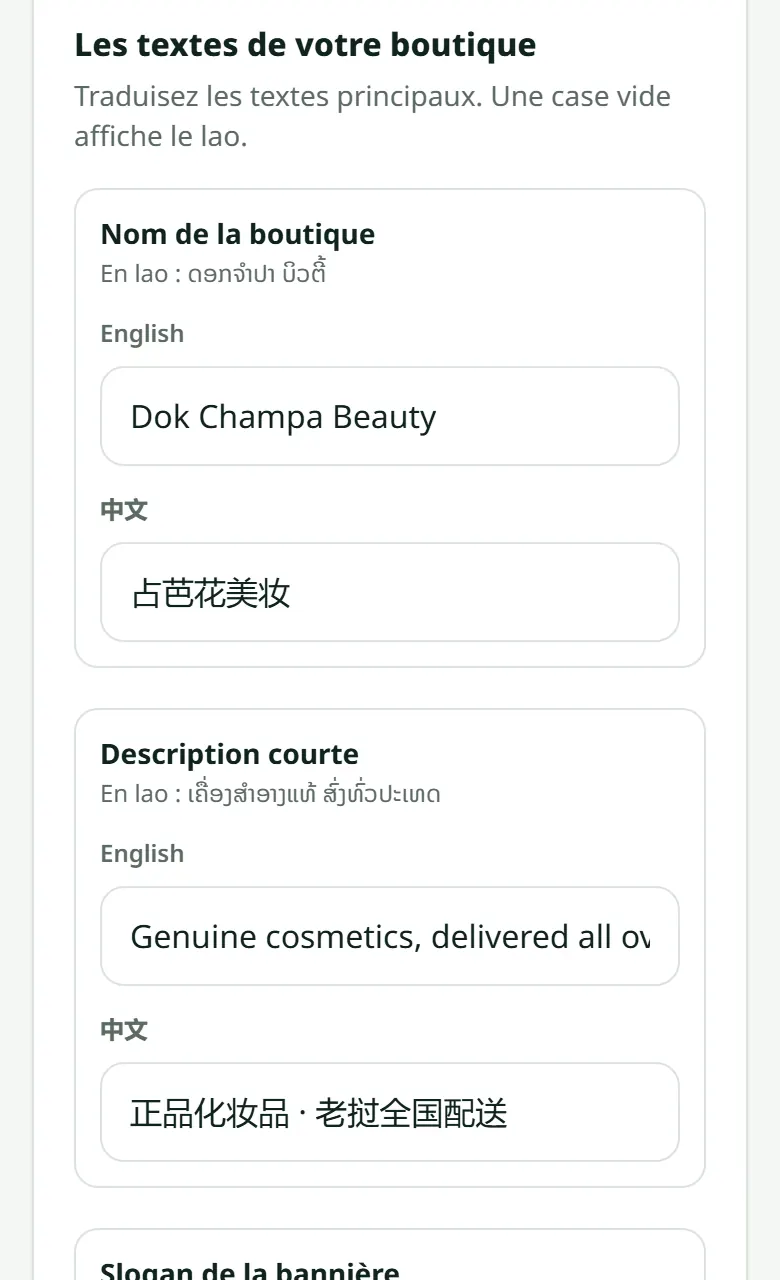 Les textes de votre boutique : une case par langue. Une case vide affiche le lao.