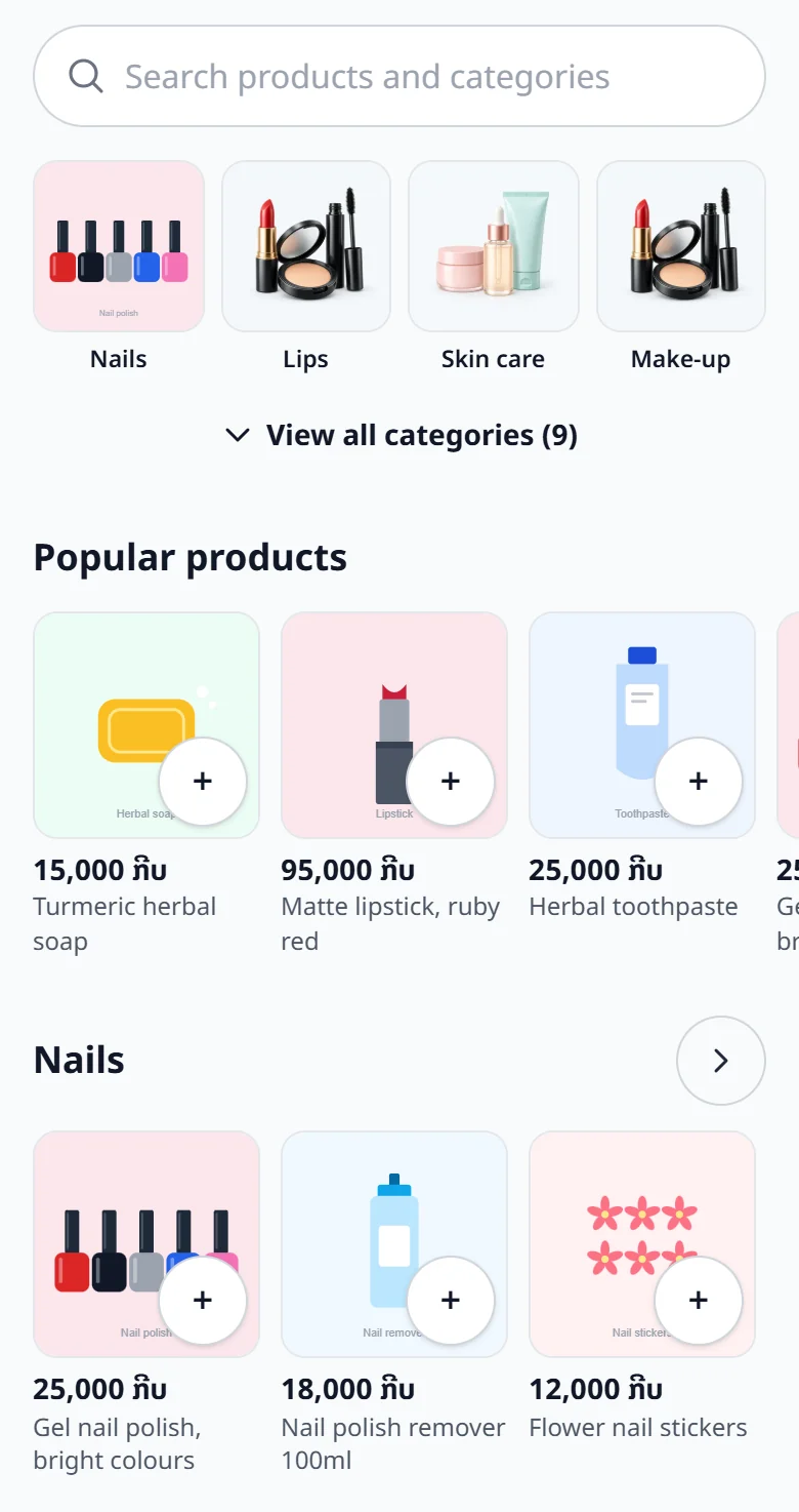 The supermarket-style home page: a search box, picture categories, popular products and one row per category, each product with a “+” into the cart.