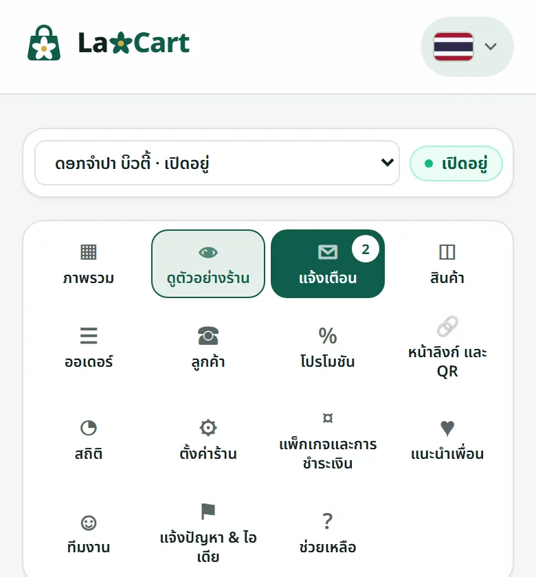 เมนูของร้าน: ตัวเลขคือจำนวนการแจ้งเตือนที่ยังไม่ได้อ่าน