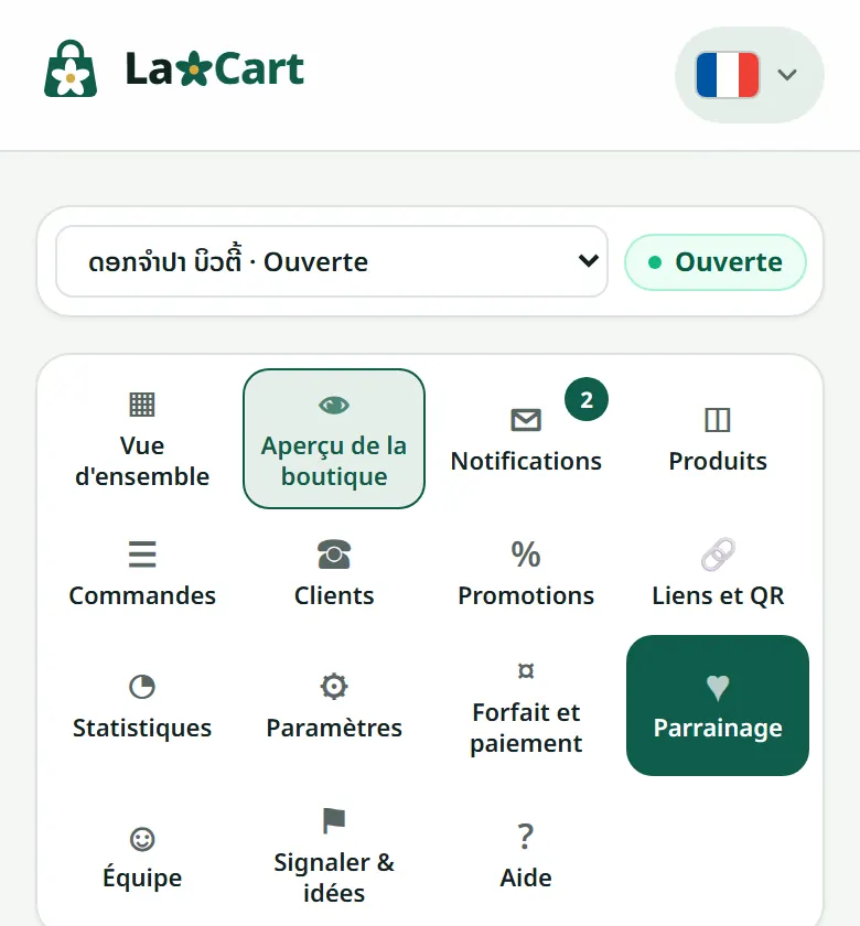 « Parrainage » dans le menu de votre boutique.