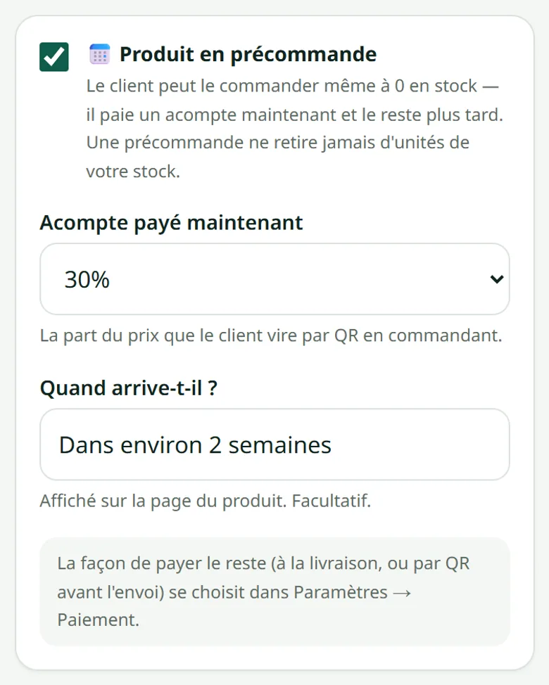 L'encadré précommande de la fiche produit : l'acompte et la date d'arrivée.