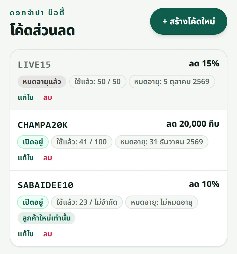 เมนู “โปรโมชัน”: ทุกรหัสของร้าน พร้อมส่วนลด จำนวนครั้งที่ใช้แล้ว วันหมดอายุ และปุ่ม “สร้างโค้ดใหม่”