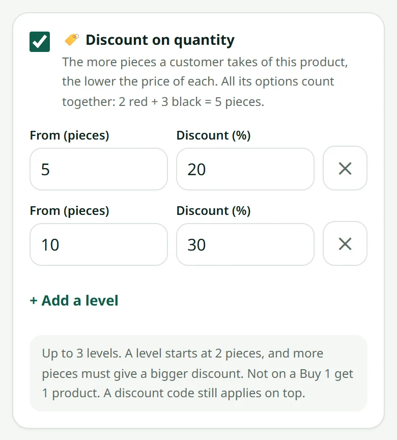 The discount on quantity box of the product form: from how many pieces, and how much off.