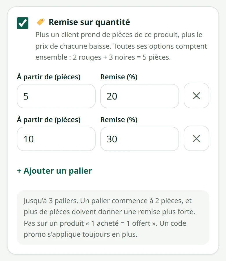 L'encadré remise sur quantité de la fiche produit : à partir de combien de pièces, et combien en moins.