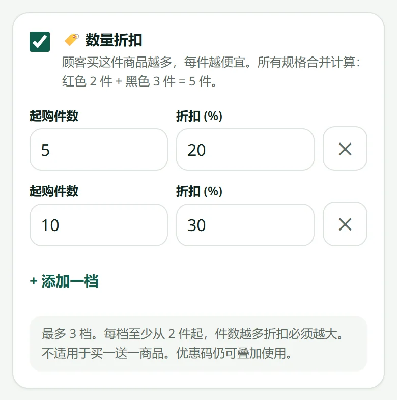 商品表单里的数量折扣区：从几件起，减多少。