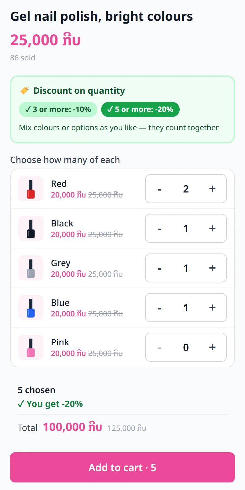What the customer sees on the product: 2 + 1 + 1 + 1 = 5 pieces chosen, and the discount reached.