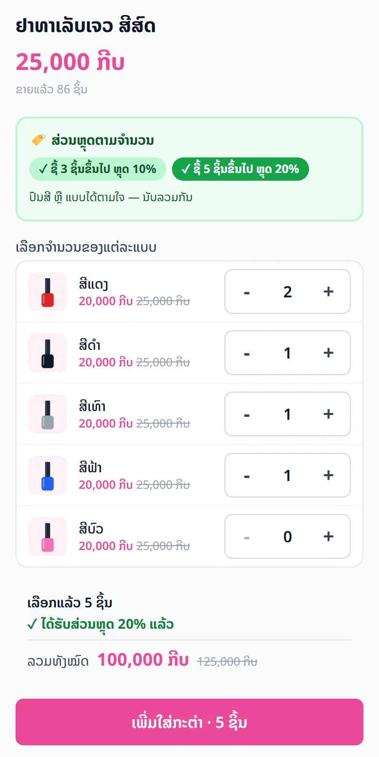 ສິ່ງທີ່ລູກຄ້າເຫັນໃນໜ້າສິນຄ້າ: ເລືອກ 2 + 1 + 1 + 1 = 5 ຊິ້ນ ແລະ ໄດ້ຮັບສ່ວນຫຼຸດແລ້ວ.