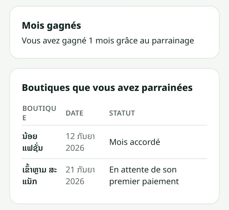 Les mois reçus, et les boutiques inscrites avec votre lien.