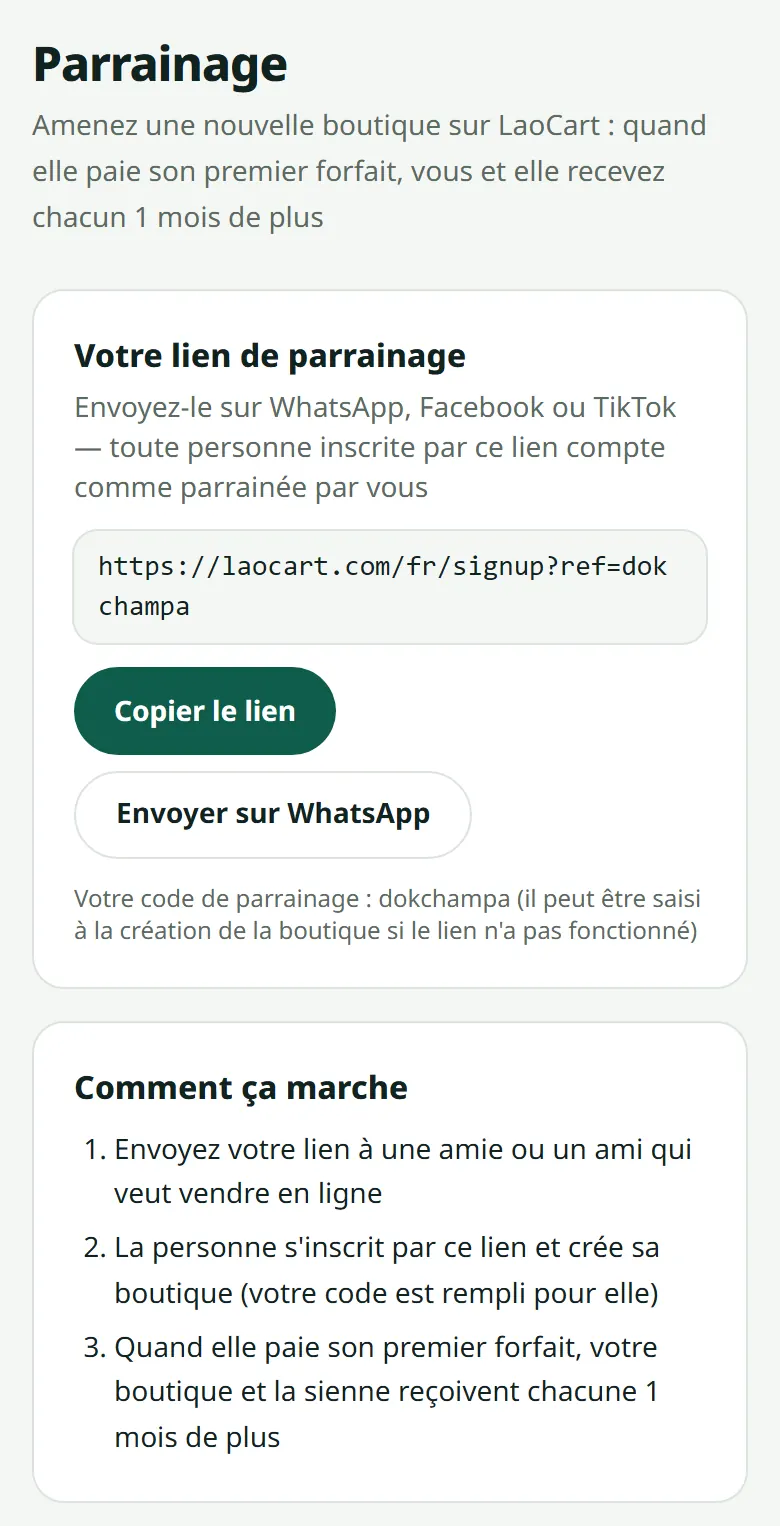 Votre lien de parrainage, prêt à copier ou à envoyer sur WhatsApp.