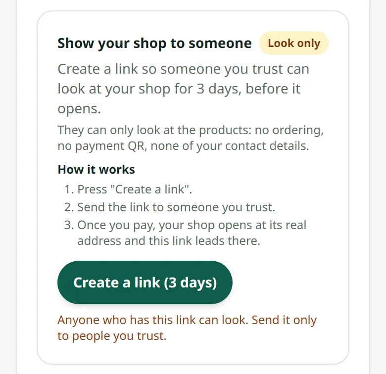 The “Overview” of a shop that is not open yet: the box that creates the look-only link.