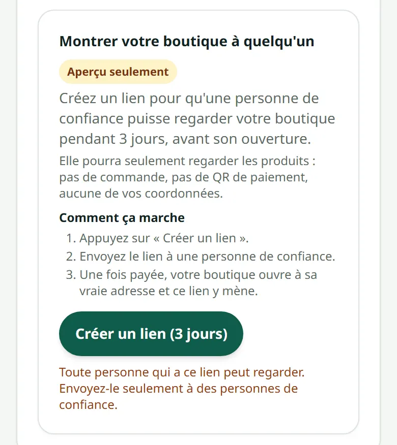 La « Vue d'ensemble » d'une boutique pas encore ouverte : l'encadré qui crée le lien en aperçu seulement.