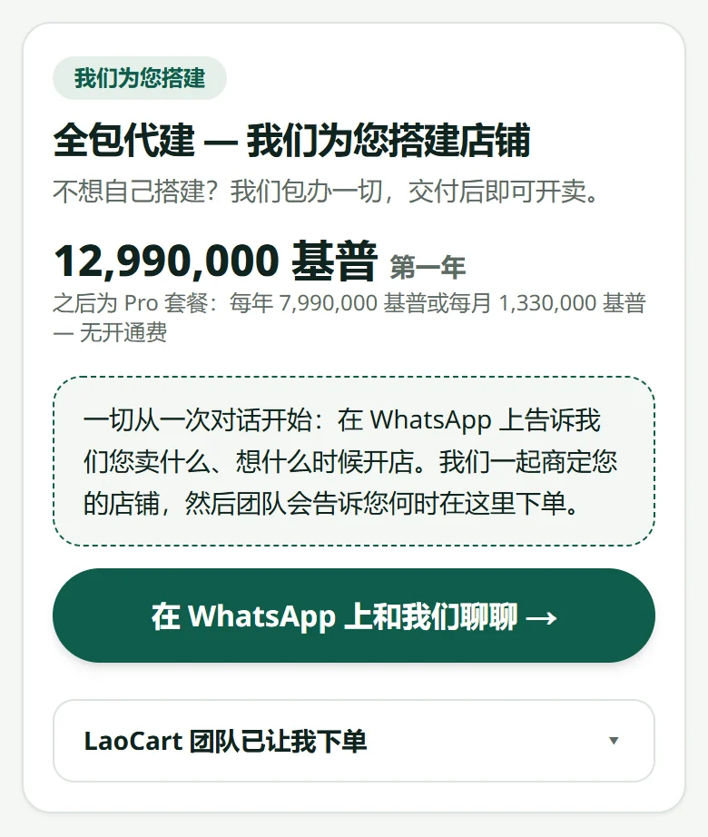 “套餐与账单”页面上的“我们为您搭建”卡片：价格、“在 WhatsApp 上和我们聊聊”按钮，以及在团队同意之前折叠起来的下单部分。